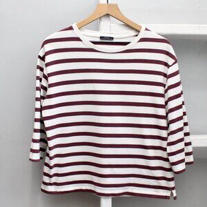Parfois White Burgundy Womens Striped 3/4 Sleeve Cotton T-Shirt Top Size Medium